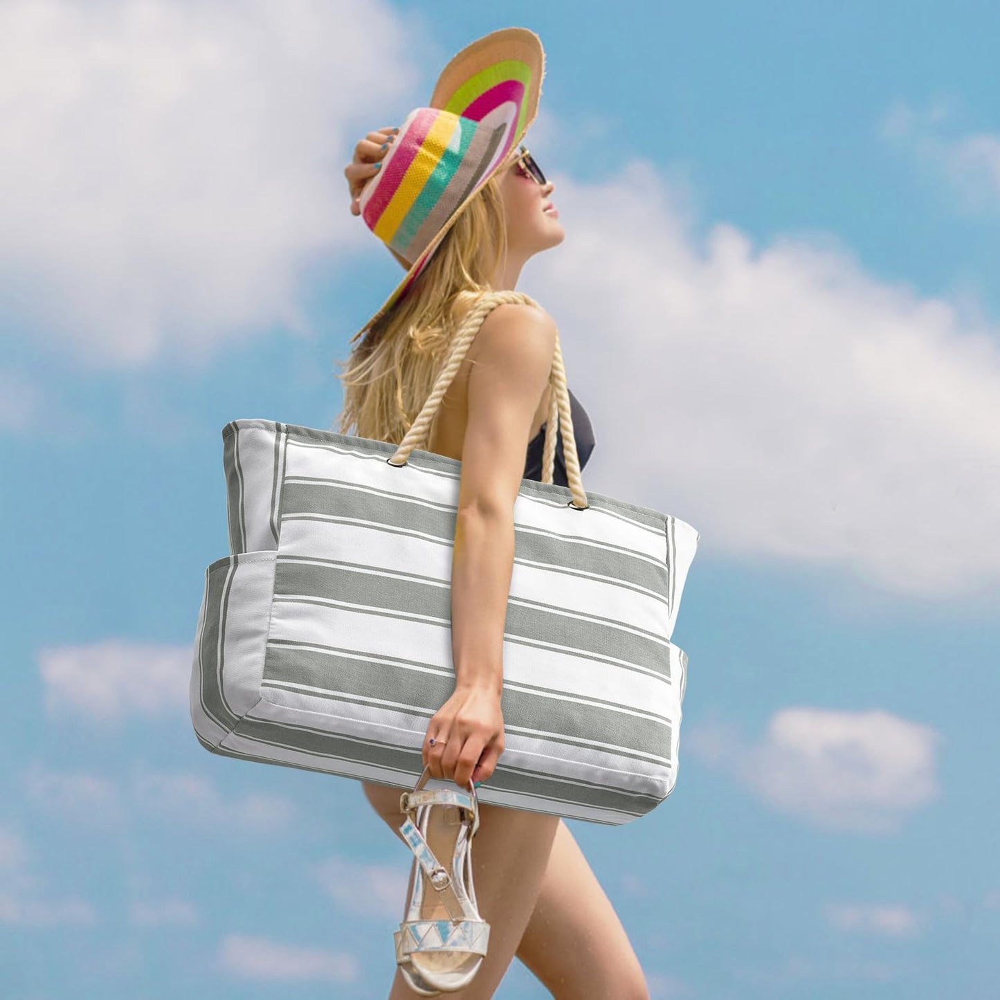 Becokan Beach Bags for Women Large Waterproof Beach Tote Bag Zipper Beach Bags Waterproof Sandproof Swim Pool Bag Large Tote