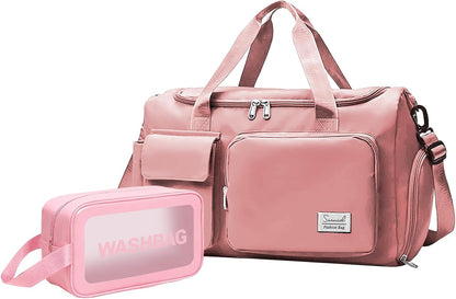 Suruid Travel Yoga Duffel Bag with Shoes Compartment Sports Gym Handbag with Dry Wet Separated Pocket for Training Men and Women, Overnight /Weekender Bag - Pink