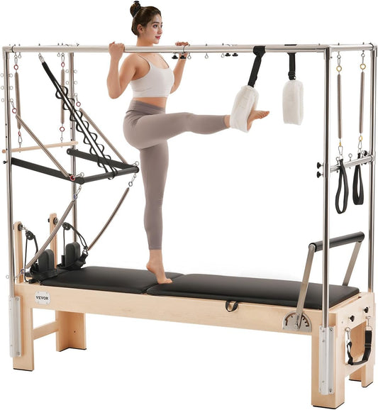 VEVOR Pilates Reformer, Reformer Pilates Machine with Cadillac Trapeze Table or Tower & Mat, Pilates Equipment for Home Workout and Studio, Includes Jump Board，Sitting Box