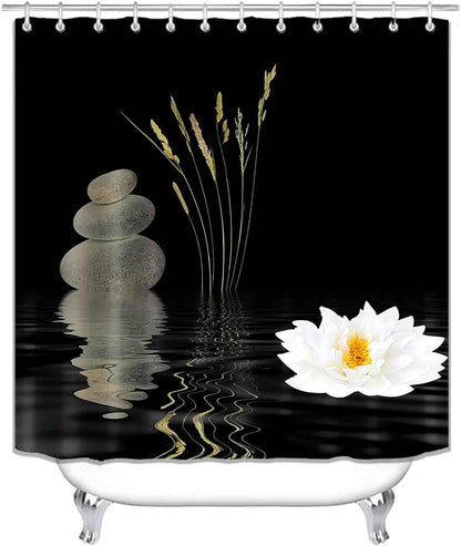 4PCS Spa Zen Shower Curtain Sets with Rugs, White Shower Curtain, Pink Floral Orchid Lotus Water Lily Stone Bamboo Water Reflection Yoga Massage Relaxing Spiritual Meditation Bathroom Decor
