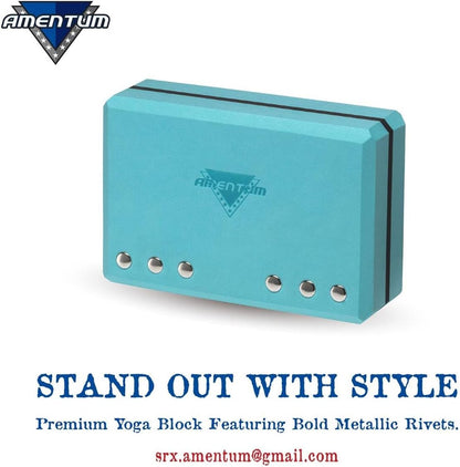AMENTUM Yoga Block 9”x6”x3” Stand Out With Style Premium Yoga Block Featuring Bold Metallic Rivets. High-Density/Non-Toxic EVA Foam, Non-Slip Surface,Lightweight Exercise Support for Yoga, Stretching, Fitness Training