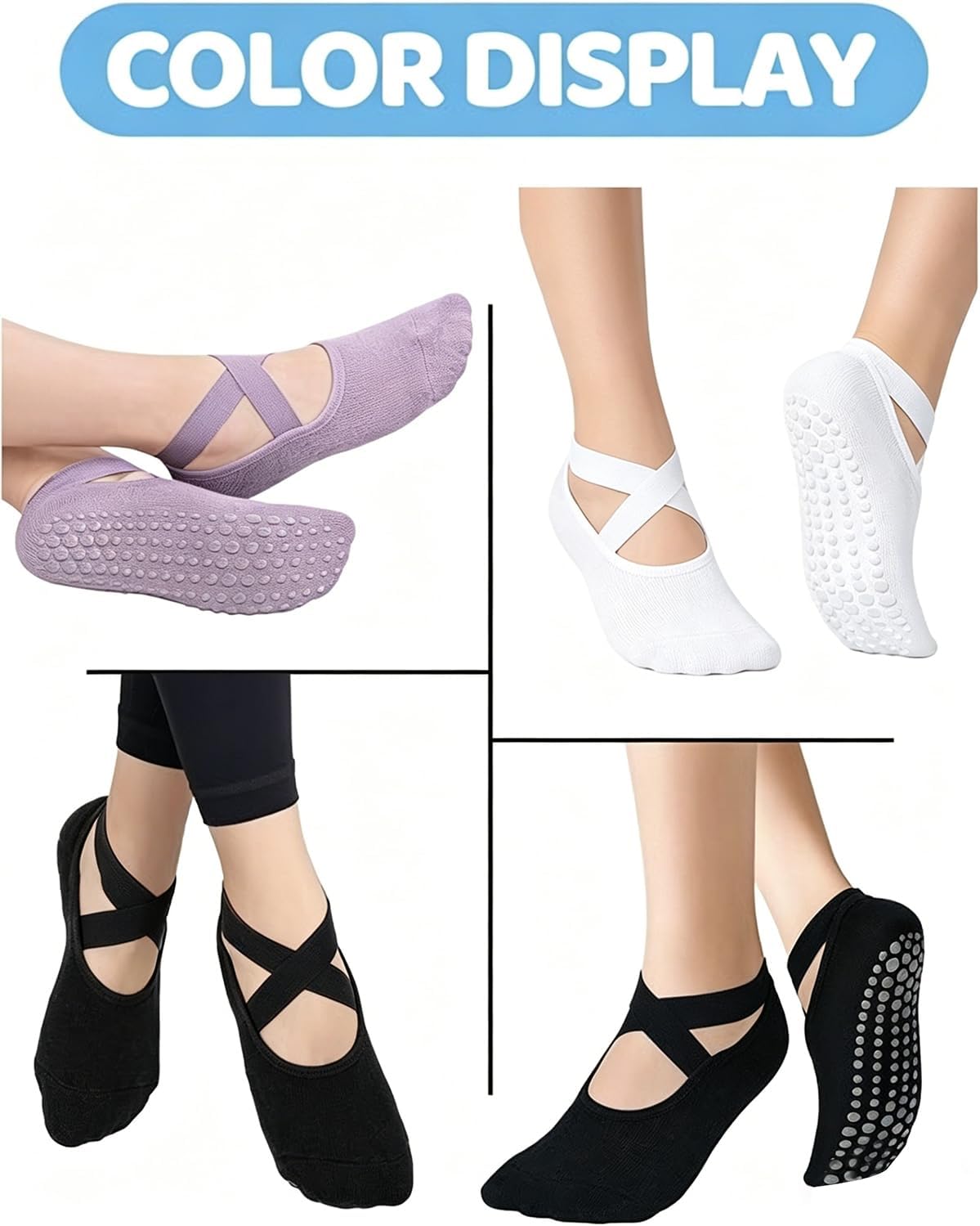 AURUZA Pilates Grip Socks for Women Non Slip Skid Yoga Socks with Grips Straps for Ballet Dance Workout Gripper Sock
