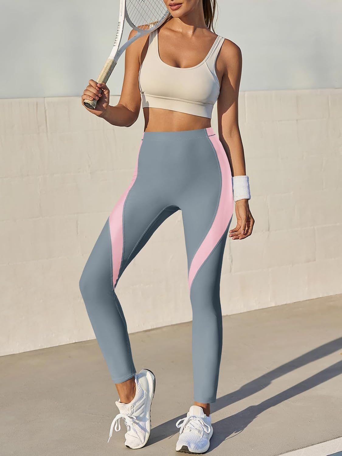 Fisoew Womens High Waisted Leggings Color Block Yoga Pants Workout Running Stretchy No See Through Leggings