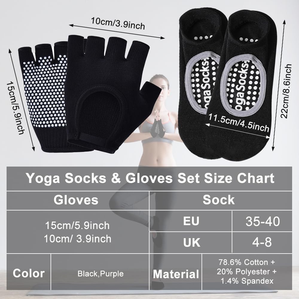 2 Pairs Non Slip Yoga Gloves Socks Set, Women Fingerless Gym Gloves and Pilates Socks for Fitness Exercise Yoga