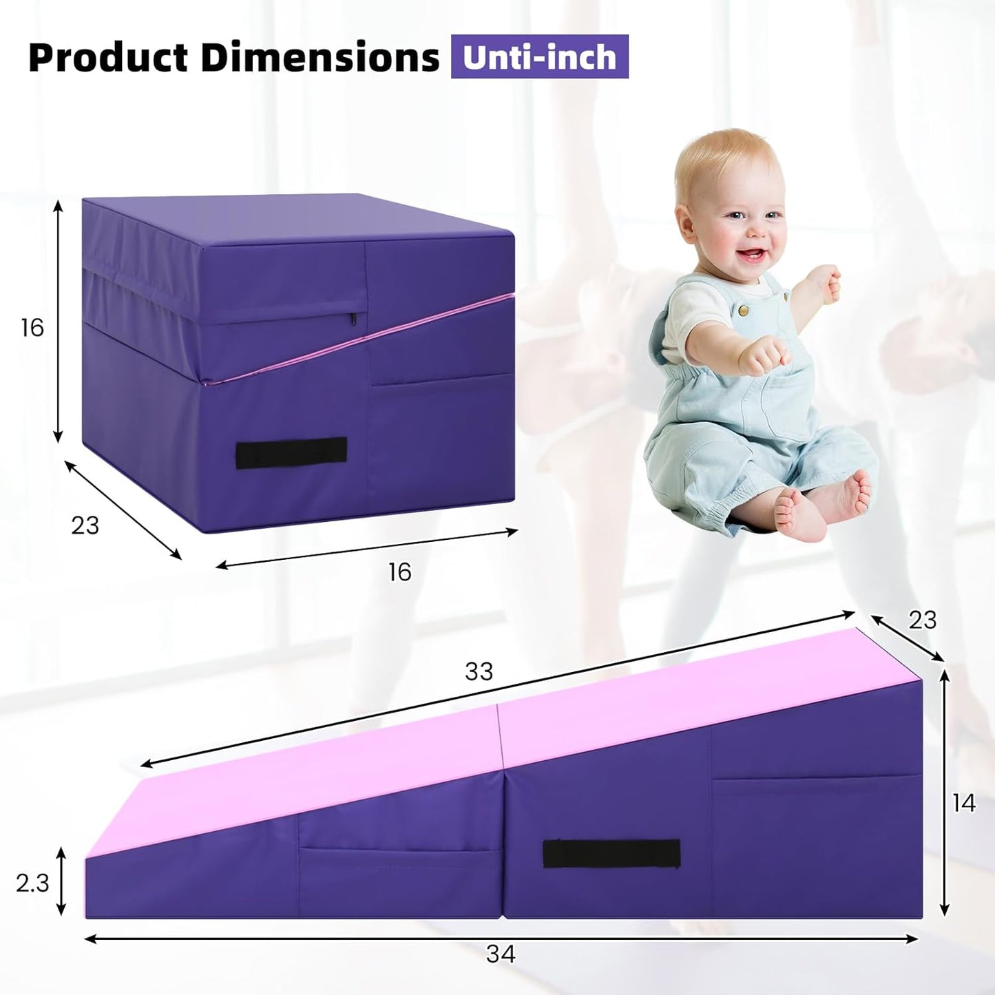 Gymnastics Mat Incline Tumbling Mats—Indoor/Outdoor Folding Cheese Wedge Mat with Non-Slip Surface & Handles for Kids Girls Home Training Exercise