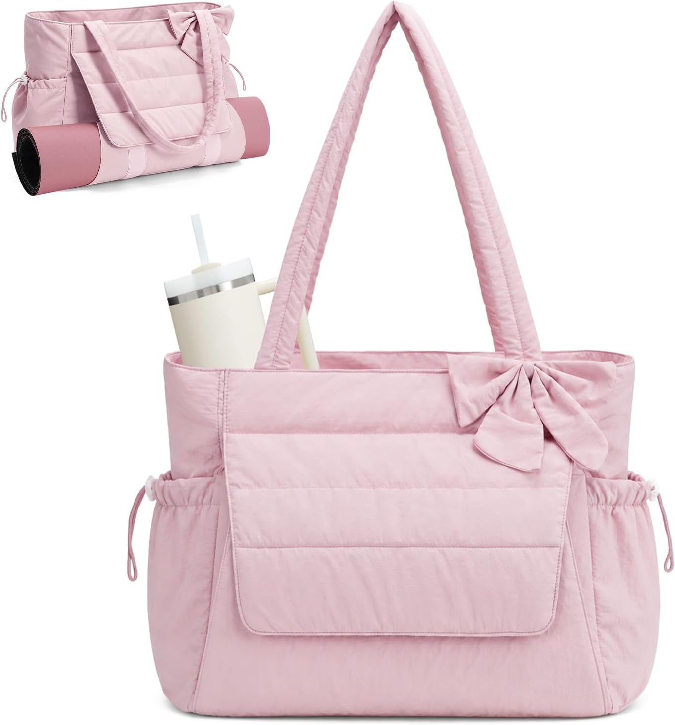 Wandering Nature Bow Tote Bag for Work Fits 40oz Tumbler, Yoga Bag with Wet Pocket & Yoga Mat Pocket, Commute, Gym, Travel