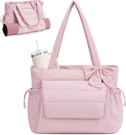 Wandering Nature Bow Tote Bag for Work Fits 40oz Tumbler, Yoga Bag with Wet Pocket & Yoga Mat Pocket, Commute, Gym, Travel