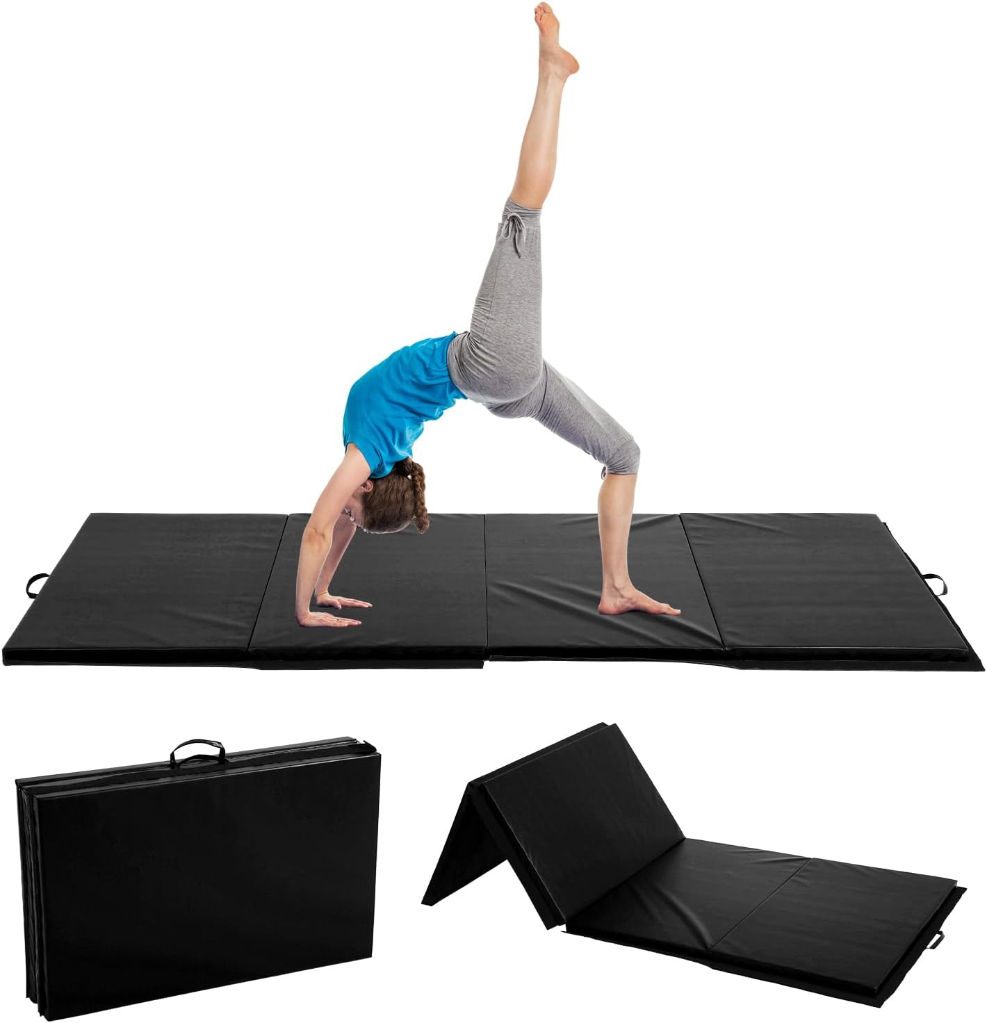 Gymnastics Mat for Tumbling, Folding Tumbling Mat Exercise Mat Gym Mat Tumbling Mats for Kids, Adults, PU Leather Yoga Mat with Carrying Handles