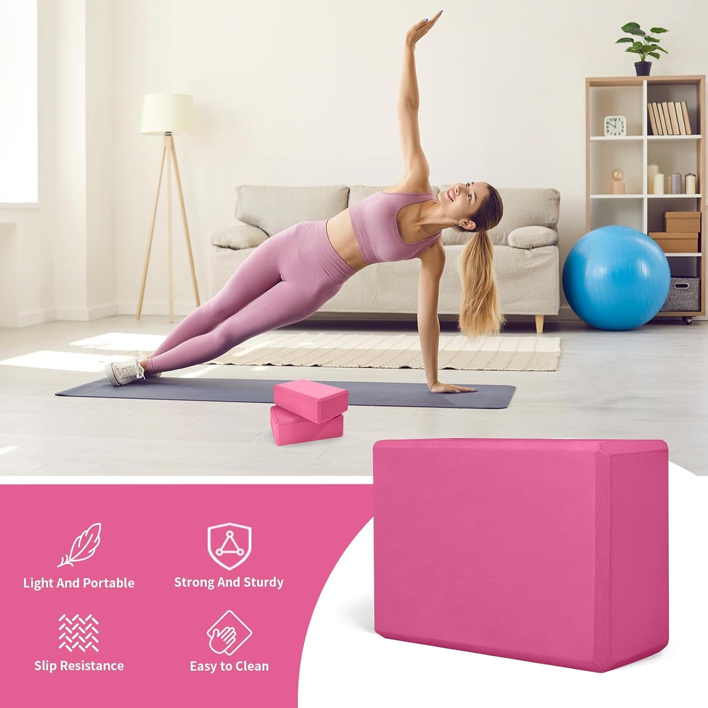 Yoga Block 2 Pack 9"x6"x3", Sturdy Yoga Foam Blocks, High Density & Non Slip Surface for Pilates & Stretching, Fitness Accessories for Stability & Balance