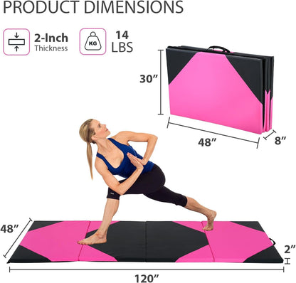 Gymnastics Mat for Tumbling, Folding Tumbling Mat Exercise Mat Gym Mat Tumbling Mats for Kids, Adults, PU Leather Yoga Mat with Carrying Handles