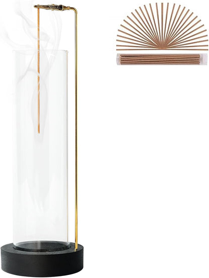 Incense Holder for Sticks, Anti-Ash Flying Incense Burner with 30 Incense Sticks, Detachable Glass Ash Catcher (Wood, Brown)