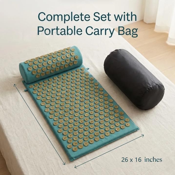 Acupressure Mat and Pillow Set – Flexible Acupressure Spikes for Back, Neck and Shoulder Pain Relief, Essential Acupressure Mat for Home Therapy, Includes Carry Bag