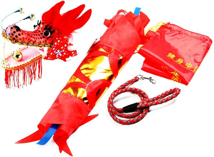 16.4 FT (5 Meters) Golden Red Dragon Poi with 3D Dragon Head & Swing Rope Combo for Beginners, Lightweight Flowy Dragon Ribbon Streamer Outdoor Fitness Stage Prop Set