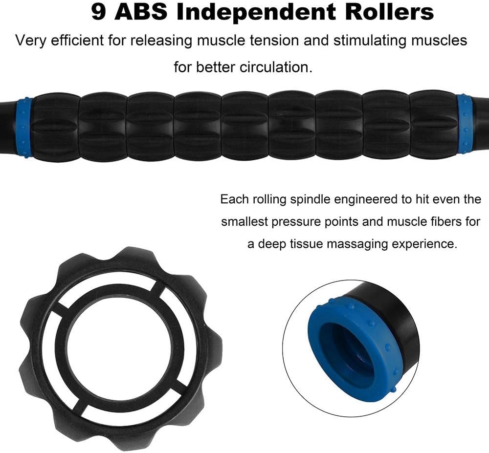 YANSYI Professional 9-Roller Deep Tissue Massage Stick - Portable Muscle Recovery Roller for Athletes, Relieves Post-Workout Soreness & Leg/Back Pain - Portable Physio Tool (Blue)