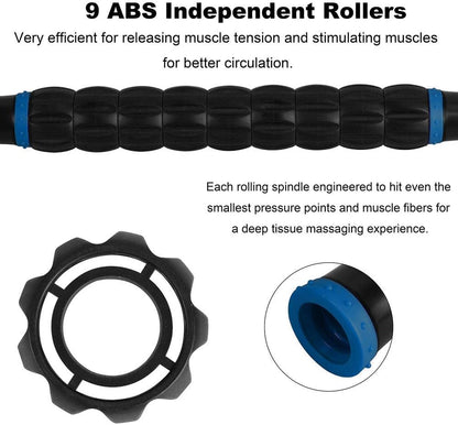YANSYI Professional 9-Roller Deep Tissue Massage Stick - Portable Muscle Recovery Roller for Athletes, Relieves Post-Workout Soreness & Leg/Back Pain - Portable Physio Tool (Blue)