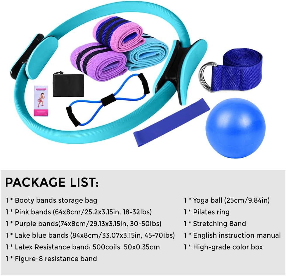 Karlak Yoga Sets for Women Pilates at Home Equipment Pilates Magic Ring Booty Bands for Working Out Glutes Yoga Ball 25cm Figure 8 Resistance Band Yoga Bands for Stretching