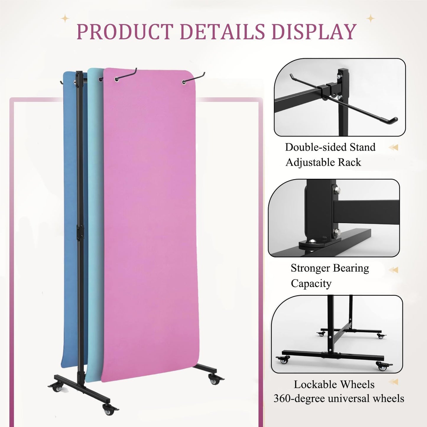 Hanging Yoga Mat Holder, Metal Double Sided Yoga Mats Storage Cart on Wheels, Floor Standing Pilates Mat Rack for Home Gym, Exercise, Yoga Studio, with Punching Tool