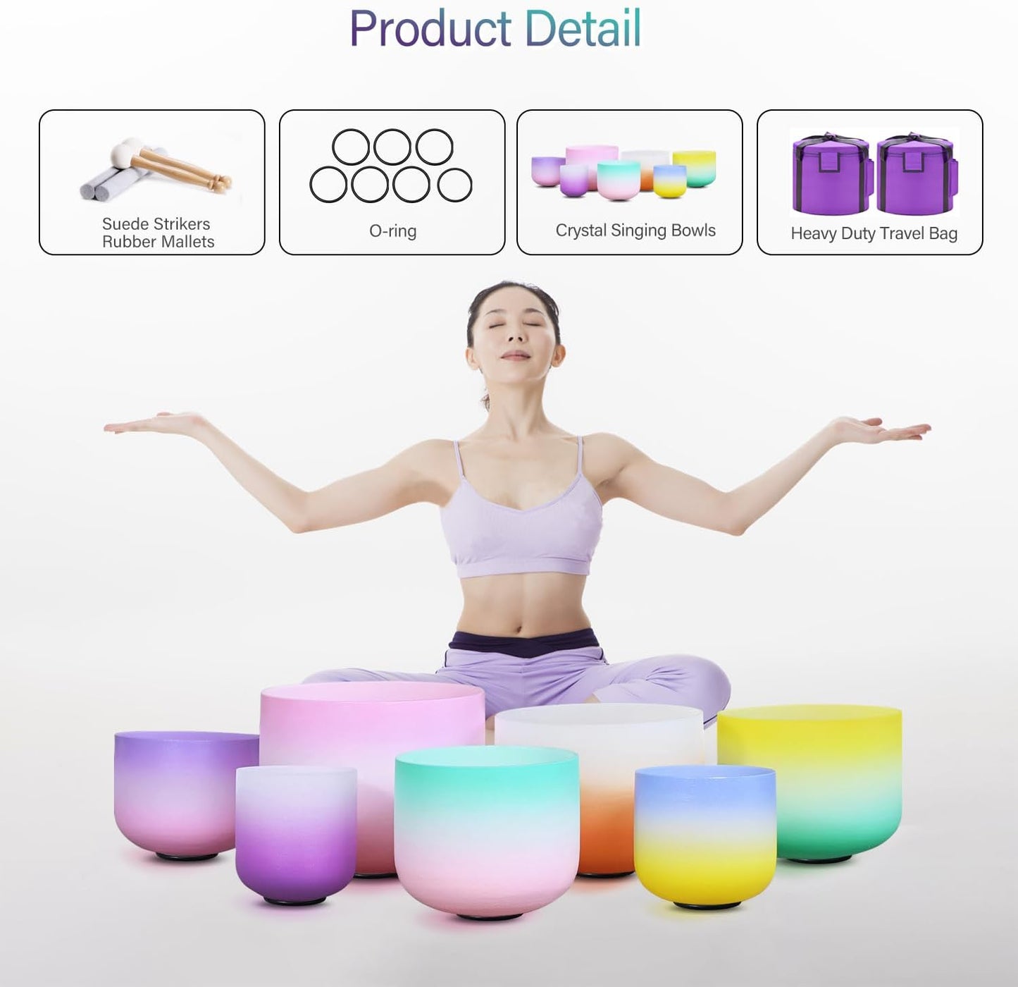 CVNC 432Hz 7-12 Inch Crystal Singing Bowl Set of 7 with 2 Pcs Carrying Case Bag, Frosted Quartz Crystal Sound Bowls for Chakra, Sound Therapy, Meditation Energy