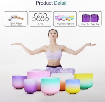 CVNC 432Hz 7-12 Inch Crystal Singing Bowl Set of 7 with 2 Pcs Carrying Case Bag, Frosted Quartz Crystal Sound Bowls for Chakra, Sound Therapy, Meditation Energy