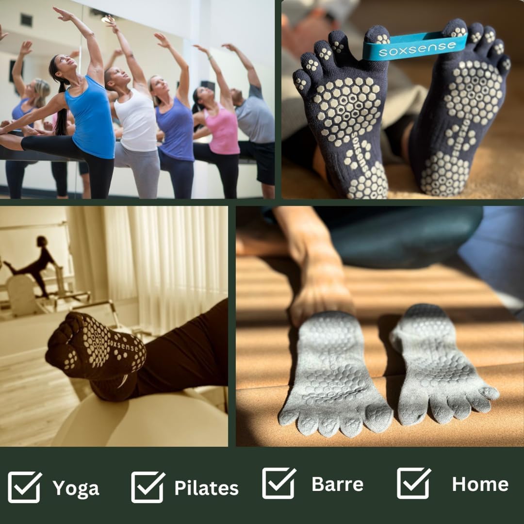Soxsense Pilates Grip Toe Socks for Women & Men, Cushioned Low-Cut Five Finger Socks Non Slip for Yoga, Barre, Gym