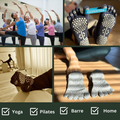 Soxsense Pilates Grip Toe Socks for Women & Men, Cushioned Low-Cut Five Finger Socks Non Slip for Yoga, Barre, Gym