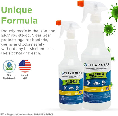 Clear Gear Gym Disinfectant, Yoga Mat Cleaner, Deodorizer For Sports Equipment, Gyms, and Fitness Centers - Mixed Pack - 16 Oz and 32 Oz Bottle Hospital grade Disinfectant Spray Pack