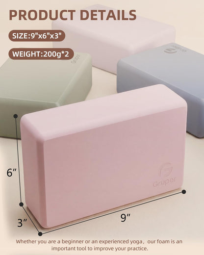 Gruper Yoga Blocks 2 Pack, 9"x6"x3" Exercise Blocks High-Density EVA Foam Blocks with Soft Non-Slip Surface, Lightweight Yoga Props for Yoga Pilates Meditation & Stretching