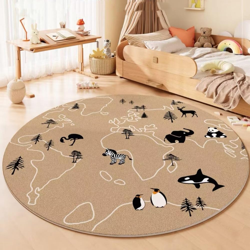 Poowe Cute Animals Kids Room Rug,39.4" Round Washable Area Rugs Rabbit Rug Nursery Rug for Baby Boys Girls Play Mat Floor Carpet Non Slip Soft Rugs for Living Room Bedroom Playroom Classroom