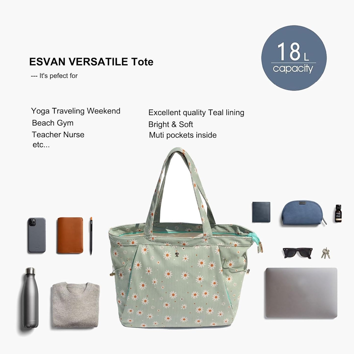ESVAN Corduroy Yoga Tote Bag Gifts for Women Drawstring Yoga Mat Bag for Office Workout Travel Carryall Pilates Gym