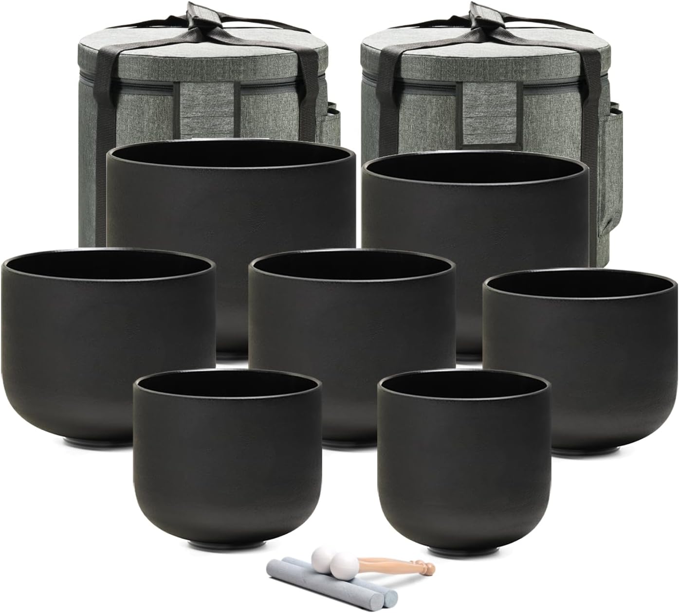 CVNC 432Hz 7-12 Inch Crystal Singing Bowl Set of 7 with 2 Pcs Carrying Case Bag, Frosted Quartz Crystal Sound Bowls for Chakra, Sound Therapy, Meditation Energy