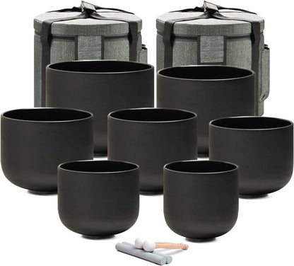 CVNC 432Hz 7-12 Inch Crystal Singing Bowl Set of 7 with 2 Pcs Carrying Case Bag, Frosted Quartz Crystal Sound Bowls for Chakra, Sound Therapy, Meditation Energy