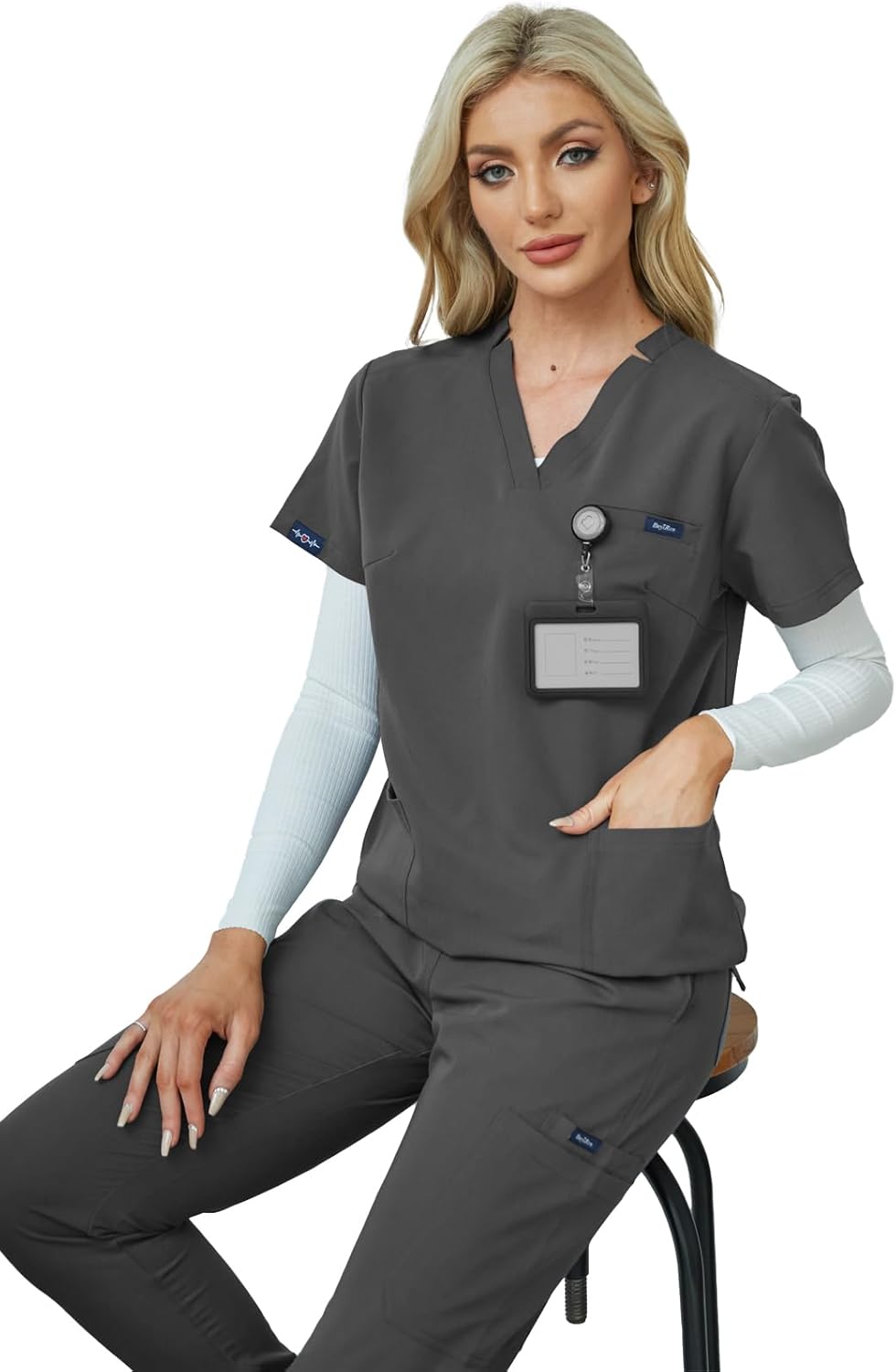 Women's V-Neck Scrubs Set With Cap, Stretchy Top and Jogger Pants, 11 Pockets Nursing Uniform