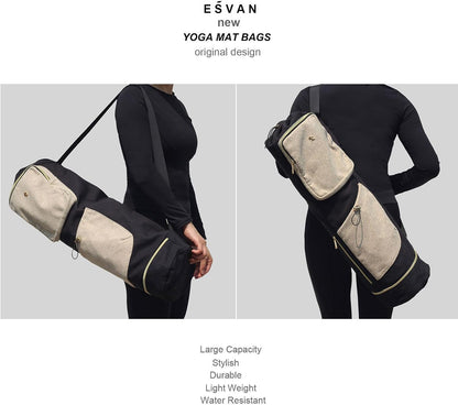 ESVAN Yoga Mat Bag with Multi Pockets Drawstring Yoga Mat Carrier Pilates Exercise Multi-Functional Storage Bag