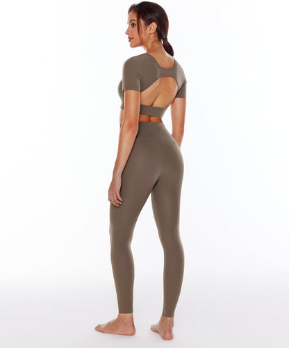 ENERBLOOM Open Back Workout Crop Tops for Women Backless Yoga Shirts Gym Short Sleeve Mild Support Compression Tee with Bra