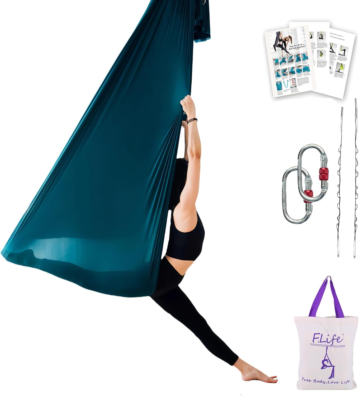 F.Life Aerial Yoga Hammock 6.5 yards Premium Aerial Sling Silk Fabric Yoga Swing for Antigravity Inversion Include Daisy Chain,Carabiner and Pose Guide