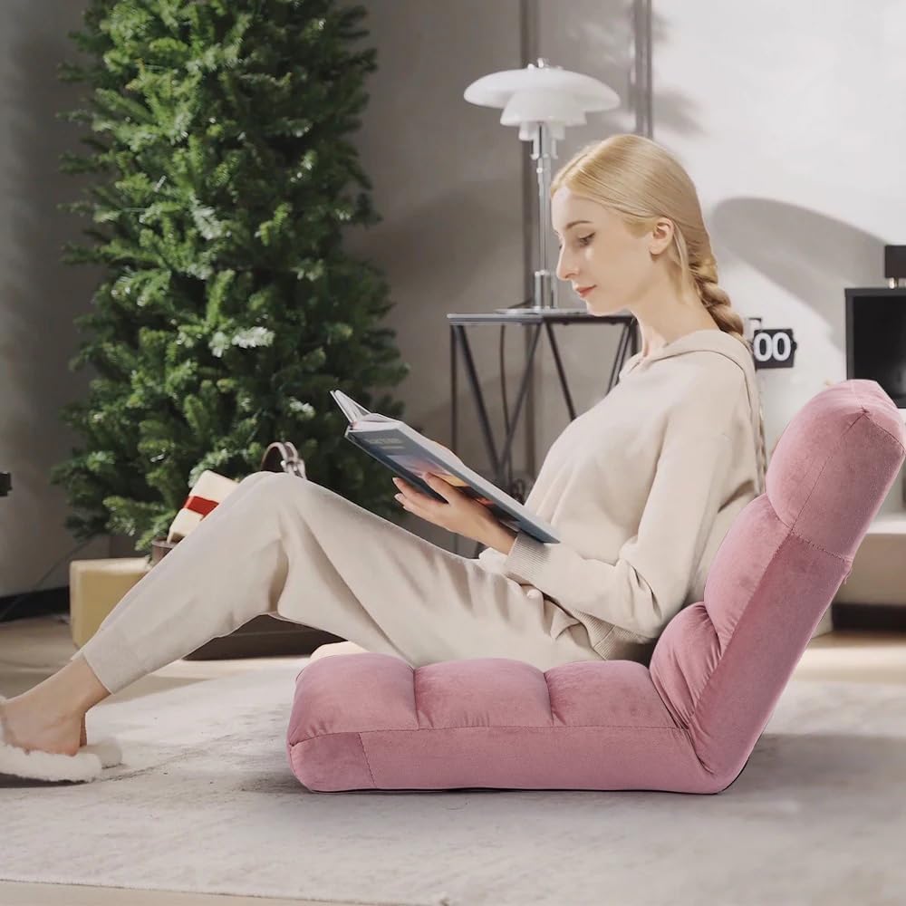 Floor Chair, 24 inches Wide Oversized Velvet Armless Lay Flat Floor seat Padded Meditation Chair with 6 Adjustable Position Ergonomic Comfortable Convenient(LRSF-008-PINK)