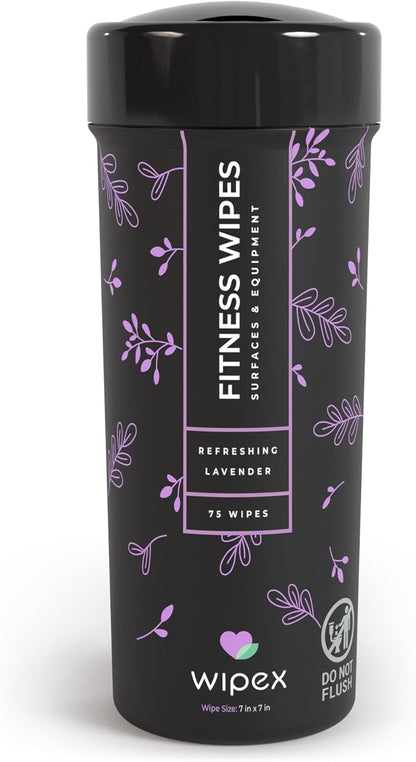 Wipex Yoga Mat Cleaner & Fitness Wipes - Natural Lavender & Vinegar Gym Equipment Cleaner - 75 Gym Wipes to Clean Yoga Mats, Spinning & Peloton Bikes, Weight Machines & Surfaces