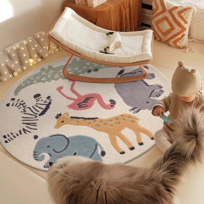 Poowe Cute Animals Kids Room Rug,39.4" Round Washable Area Rugs Rabbit Rug Nursery Rug for Baby Boys Girls Play Mat Floor Carpet Non Slip Soft Rugs for Living Room Bedroom Playroom Classroom