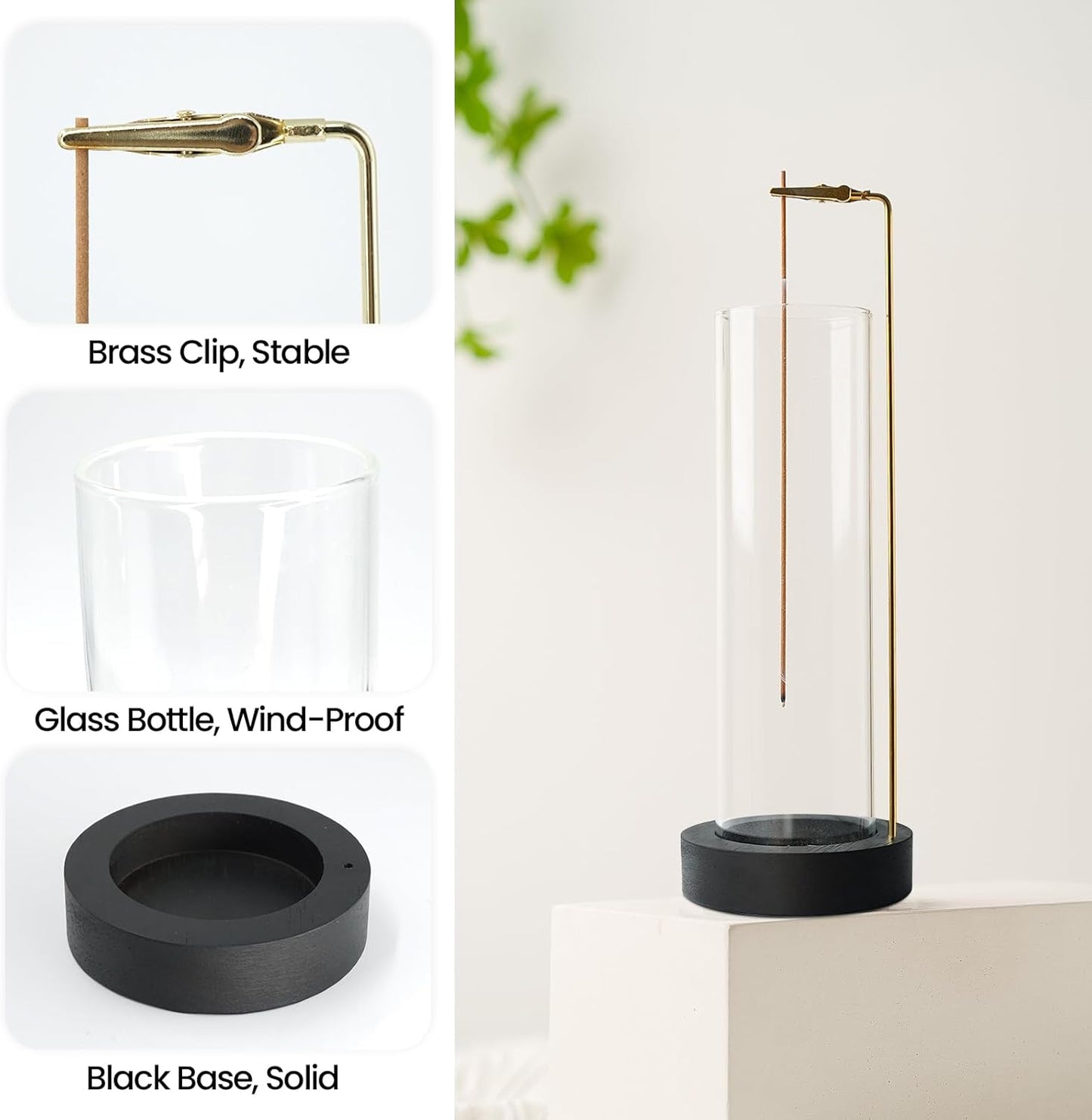 Incense Holder for Sticks, Anti-Ash Flying Incense Burner with 30 Incense Sticks, Detachable Glass Ash Catcher (Wood, Brown)