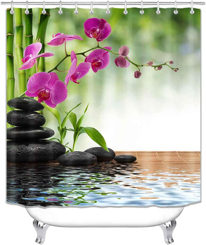 4PCS Spa Zen Shower Curtain Sets with Rugs, White Shower Curtain, Pink Floral Orchid Lotus Water Lily Stone Bamboo Water Reflection Yoga Massage Relaxing Spiritual Meditation Bathroom Decor