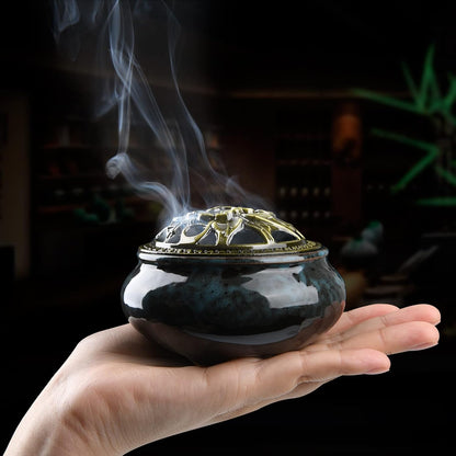 Ceramic Incense Burner with Incense Holder+ Fireproof Cotton,Handmade Smudging Burn Bowl for Stick or Coil Incense,Sage Cones,Frankincense and Mosquito Incense (Enamel)