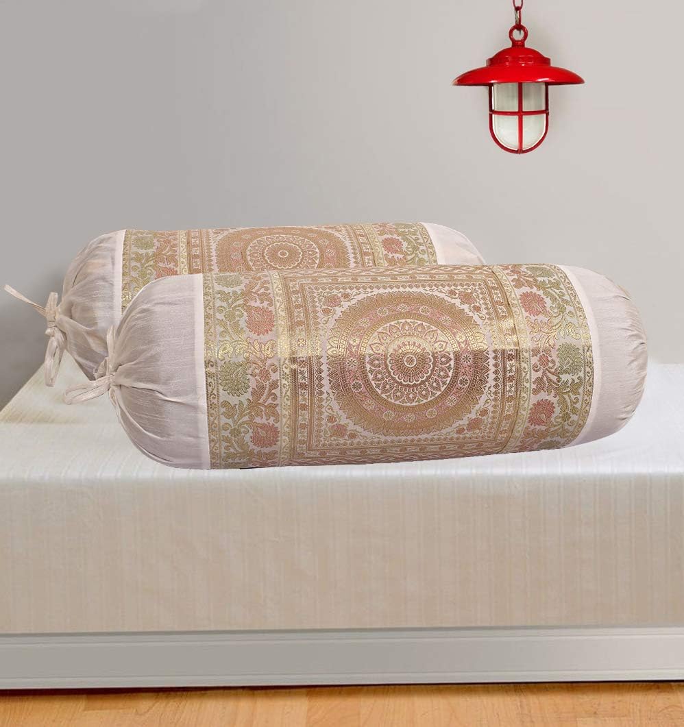 Ethnic Jacquard Brocade Silk Bolster Yoga Rectangle Pillow Cover Mandala White Tube Massand Living Room Decorative Cylindrical Hotdog Traditional Throw Pillowcase 76x38 cm - Set of 2 Pcs