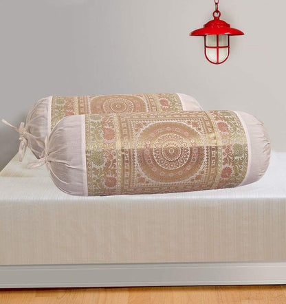 Ethnic Jacquard Brocade Silk Bolster Yoga Rectangle Pillow Cover Mandala White Tube Massand Living Room Decorative Cylindrical Hotdog Traditional Throw Pillowcase 76x38 cm - Set of 2 Pcs