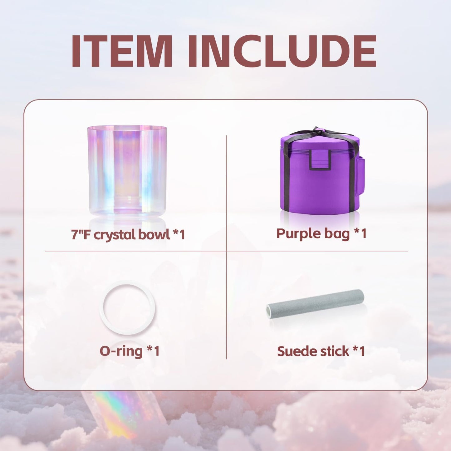 CVNC 440HZ 7 Inch F Note Heart Chakra Pink Purple Color Clear Quartz Crystal Singing Bowl with Carry Case Bag for Sound Healing and Meditation