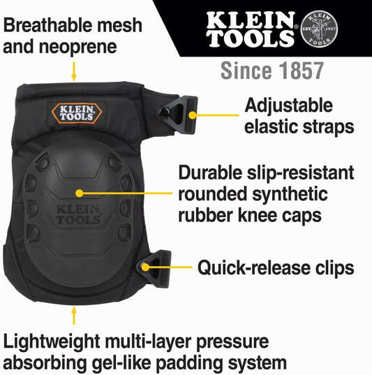 KLEIN TOOLS 60344 Knee Pads, Hinged Gel Knee Pads with Slip Resistant Rubber Caps, Quick-Release Clips and Adjustable Straps, Black