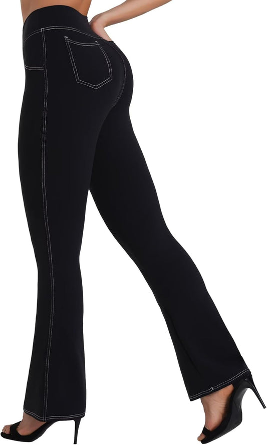 Sunzel Sustainable Flare Leggings for Women, Mini Bell Bottom Flared Yoga Pants with Denim Look, High Waisted Tummy Control