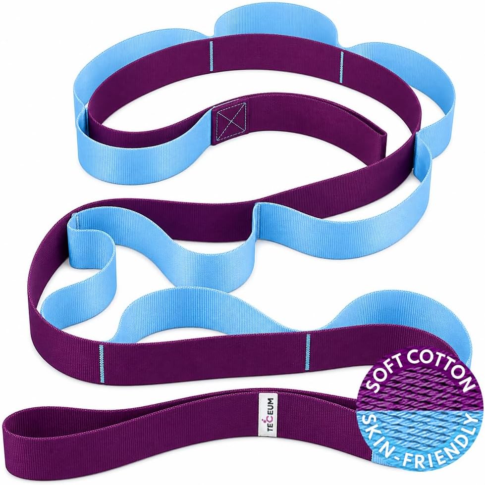 TECEUM Soft Cotton Stretching Strap for Sensitive Skin – Yoga Strap for Physical Therapy – 10 Loops Non-Elastic Stretch Band for Flexibility, Hamstring, Pilates & Rehab
