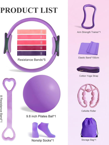 Home Workout Pilates Kit for Women, Better me Pilates Ring and Ball Set Essentials Equipment, with 5 Resistance Bands, Massager Roller, Yoga Starter Accessories for Toning Arms, Thighs & Core