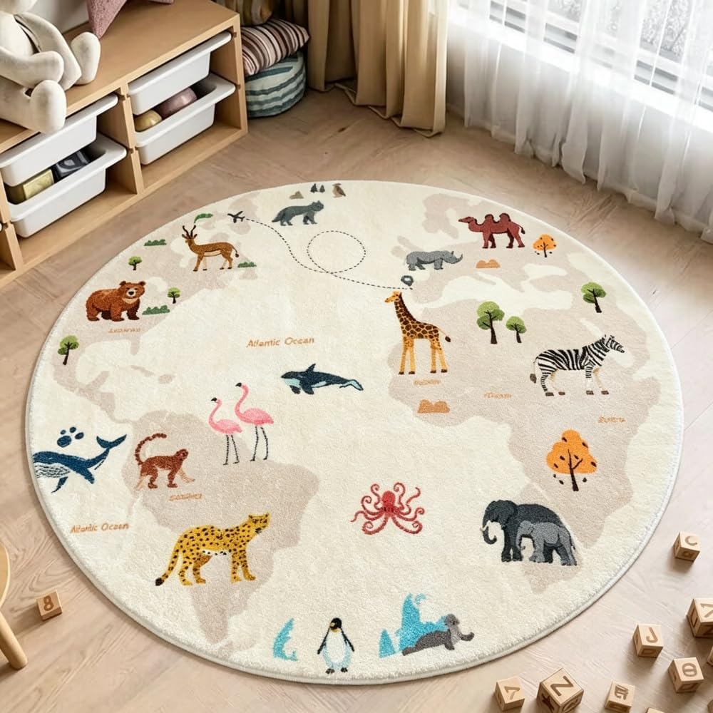 Poowe Cute Animals Kids Room Rug,39.4" Round Washable Area Rugs Rabbit Rug Nursery Rug for Baby Boys Girls Play Mat Floor Carpet Non Slip Soft Rugs for Living Room Bedroom Playroom Classroom
