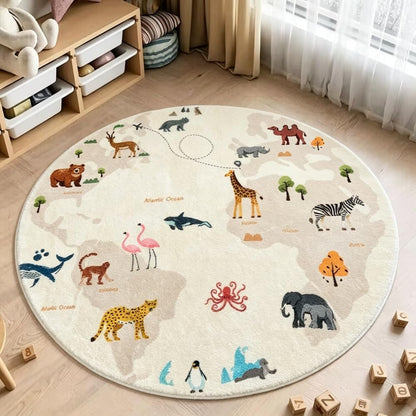 Poowe Cute Animals Kids Room Rug,39.4" Round Washable Area Rugs Rabbit Rug Nursery Rug for Baby Boys Girls Play Mat Floor Carpet Non Slip Soft Rugs for Living Room Bedroom Playroom Classroom